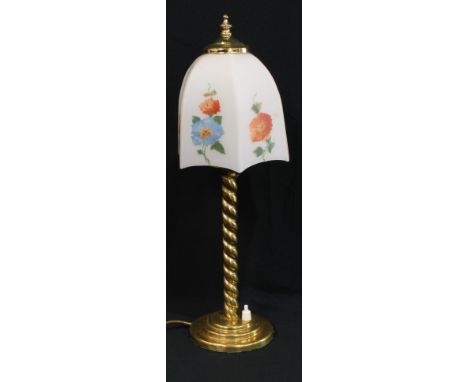 A brass barley twist table lamp, opaque glass shade decorated with flowers, 46.5cm high 