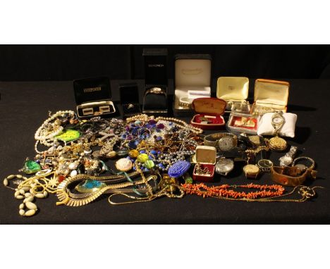 Costume Jewellery - a coral necklace, glass bead necklaces, rings, fashion watches, Sekonda, others, a pair of engine turned 