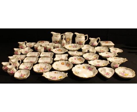 A Royal Crown Derby Posie pattern hexagonal vase, candle snuffer, six eggcups, miniature milk jug and sugar bowl, bridge tray