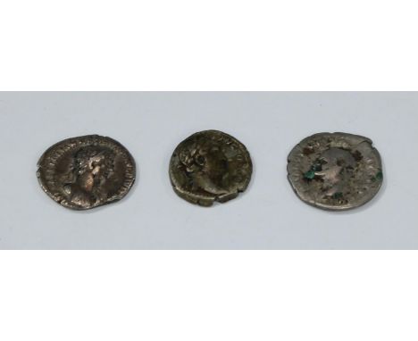 Coins, Imperial Roman, AR: Vespasian denarius, rev.: eagle Cos. (?) III, 20mm, 2.8g, (1); Hadrian 2 denarii.: obv. laureae he