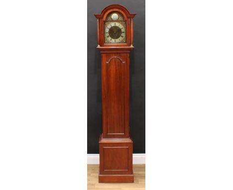 A George III style mahogany dwarf longcase clock, 22cm arched dial inscribed Tempus Fugit, Roman and quarter-subsidiary Arabi