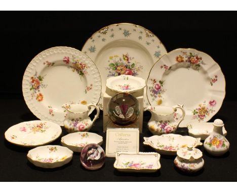 Royal Crown Derby Posies including jugs, trinket dishes, plate, etc; another Forget Me Not plate; a Caithness paperweight, As