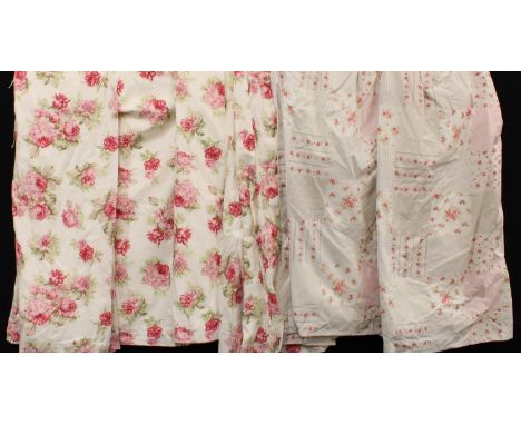 Textiles - two pairs of floral curtains, roses; a pair of floral and chequered curtains 
