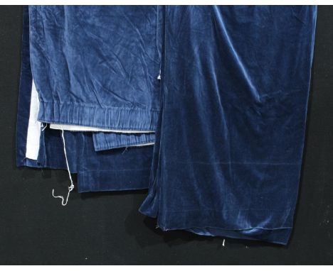 Textiles - a pair of blue cotton velvet curtains; another curtain similar 