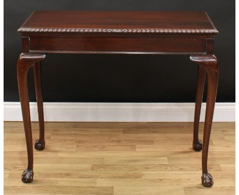 A George II design mahogany card table, rectangular top with gadrooned edge enclosing a baize lined playing surface, straight