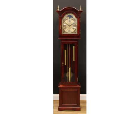 A George III style longcase clock, arched dial inscribed Interclock, Belgium, Roman numerals, moon phase to arch, the spandre