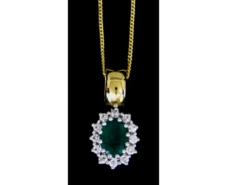 An Emerald and Diamond Pendant and Chain, 18ct gold pendant set with a centre faceted emerald, approximately .60ct, surrounde