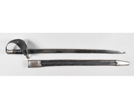 A 19th Century Cutlass Bayonet, bright steel blade, 26ins, steel guard, leather bound grip, leather and bright metal scabbard