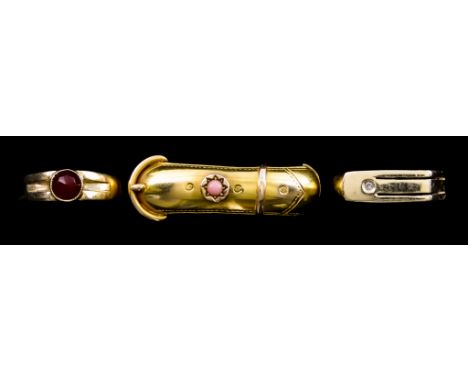 A Quantity of 14ct Gold, comprising - ring with small white stone, size O, a ring with faceted red stones, size K, and a clip