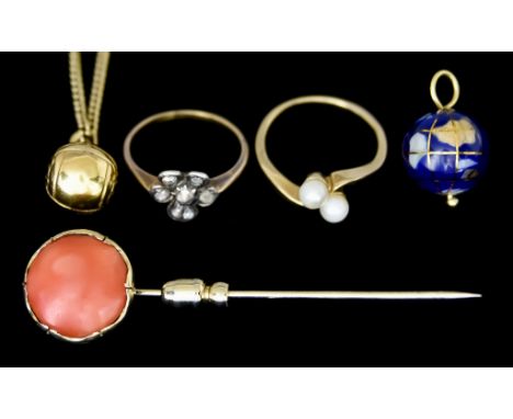 A Quantity of Items, comprising - a coral set stick pin, 65mm in length, a flower head ring, set with white stones, size K, a