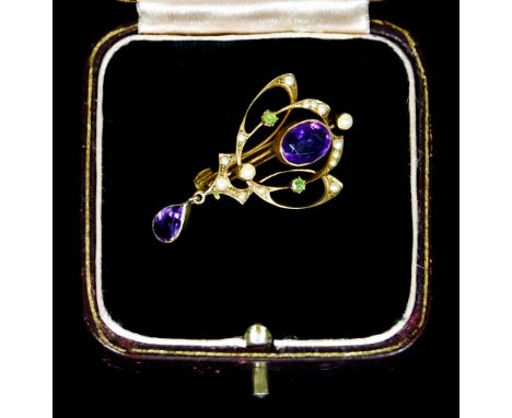 An Amethyst, Peridot and Seed Pearl Brooch, by Alfred James How,&nbsp;in the "suffragette" manner, 35mm x 20mm, retailed by C