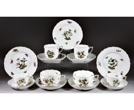 A Herend Porcelain Part Tea and Coffee Service, 20th Century, with "Rothschild Bird" design, the rims moulded with basket wea