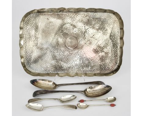 An Early 20th Century Silver Rectangular Tray and Mixed Silverware,&nbsp;the tray hallmarks rubbed, London,&nbsp;&nbsp;with s