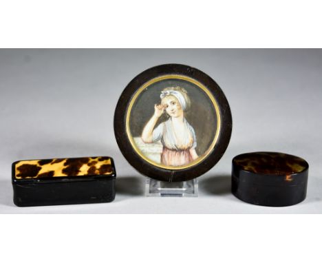A Continental Tortoiseshell Box, Early 19th Century, the cover with a miniature half-length portrait of a young woman, her ha