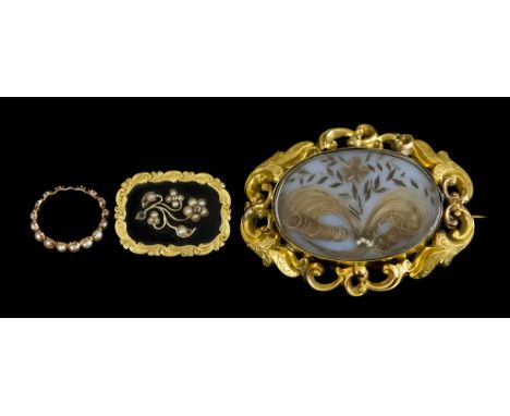 A Yellow Metal Memento Mori Brooch, black enamel set with seed pearls, 30mm x 23mm, inscribed to rear "Ann Lea Bostock 1849",