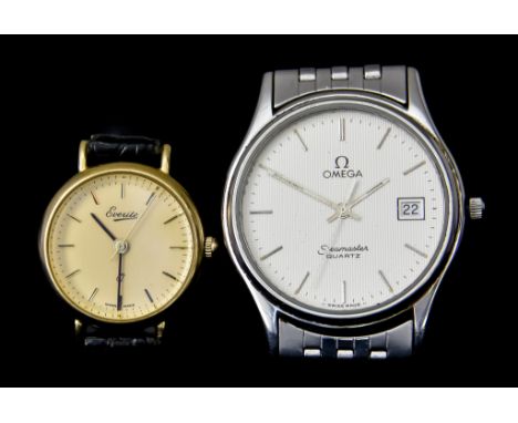 Two Watches, comprising - gentleman's quartz movement Omega Seamaster, stainless steel case, 32mm diameter, silver dial with 