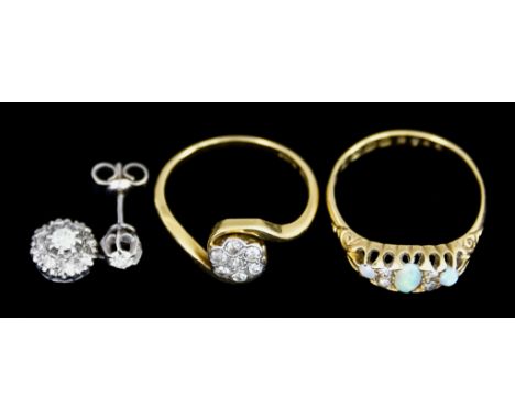 &nbsp;A Quantity of Gem Set Items, comprising - 18ct gold rings set with three small opal stones, size N, a 18ct gold flower 