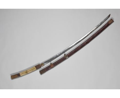 A Japanese Nodachi, bright steel blade, 39ins, with some oriental markings, decorated scabbard and hilt, 55ins overall