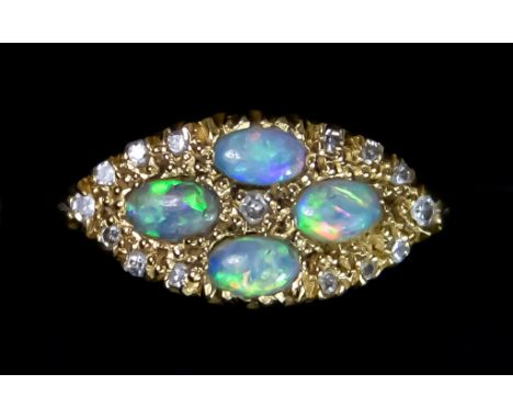 An 18ct Gold Four Stone Opal Ring, set with four small opals on a bark effect background interspersed by small diamonds, size