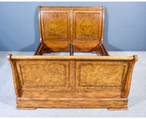 A Modern Burr and Cross Banded Walnut and Oak Sleigh Bedstead, by Frank Hudson, with twin panelled scroll head and foot board