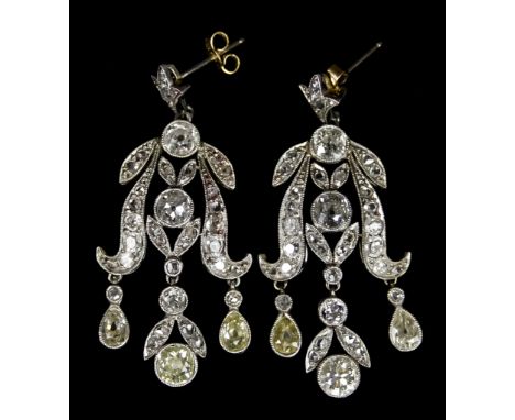 A Pair of Platinum Diamond Set Earrings, for pierced ears, each set with brilliant cut white diamonds, approximately 3.5ct, e