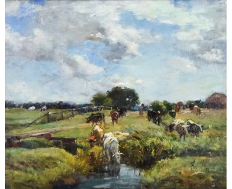 Mark William Fisher (1841-1923) - Oil painting - Cattle watering in a river landscape, signed, relined canvas 14ins x 17ins, 