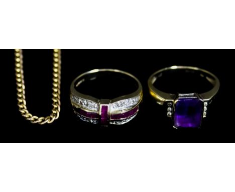 A Quantity of 9ct Gold, comprising - faceted amethyst ring, size L, a faceted red and white stone ring, size M, and a chain, 