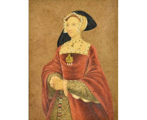 After Hans Holbein (1497-1543) - Gouache - Half-length portrait of Jane Seymour,&nbsp;paper 3.5ins x 5ins, in gilt moulded fr