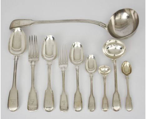 A Victorian Silver Fiddle and Thread Pattern Part Table Service&nbsp;by Charles Shaw and Chawner &amp; Co, London 1847, engra