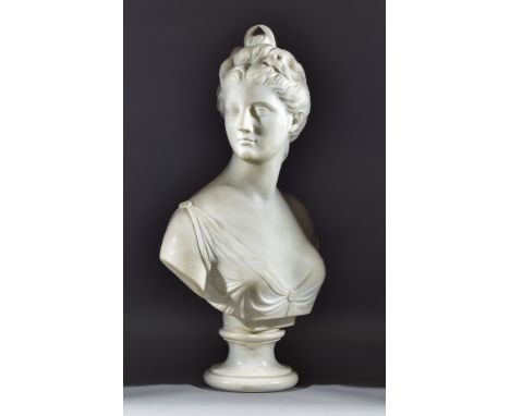 19th Century Continental School - white marble bust of Diana the Huntress, on circular socle, 24.5ins high The bust and socle