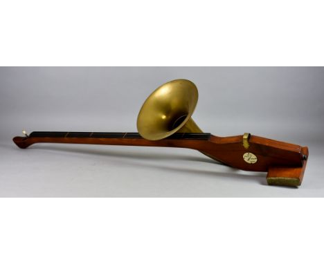 A Phonofiddle by A.T. Howson, London, circa 1920, of mahogany with curved brass horn with flared bell, and one wire string, w