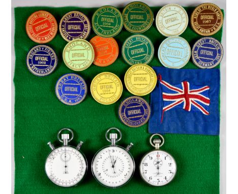 A Quantity of Amateur Athletics Stop Watches, Official badges and Ephemera, comprising - three mechanical stop watches, by Le