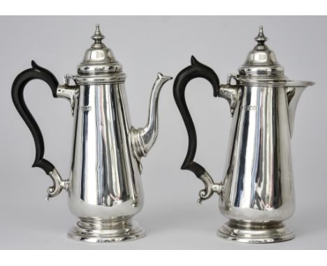 A George V Silver Cylindrical Coffee Pot and Matching Hot Water Pot by Thomas Bradbury &amp; Sons Ltd, London 1916 and 1917, 