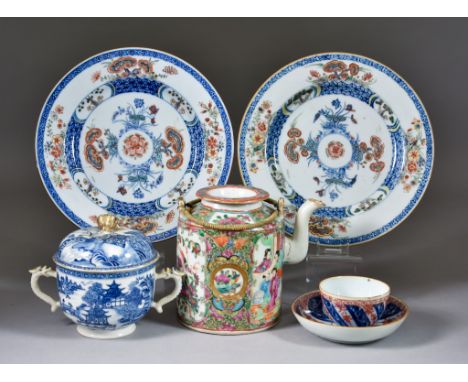 A Small Collection of Chinese Porcelain, 19th/20th Century, including - a pair of blue and white plates, later clobbered in c