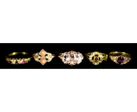 Five 9ct Gold Gem Set Rings, sizes Q, R, Q, M and K, total gross weight 12.4g