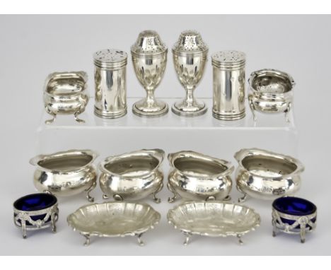 A Set of Four Late Victorian Silver Oval Salts and Mixed Condiments,&nbsp;the oval salts&nbsp;maker's mark rubbed, Birmingham