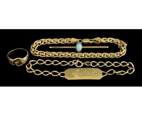 A Quantity of 9ct Gold, comprising - plated bracelet, 180mm in length, an I.D. bracelet, 180mm in length, a bar brooch set wi