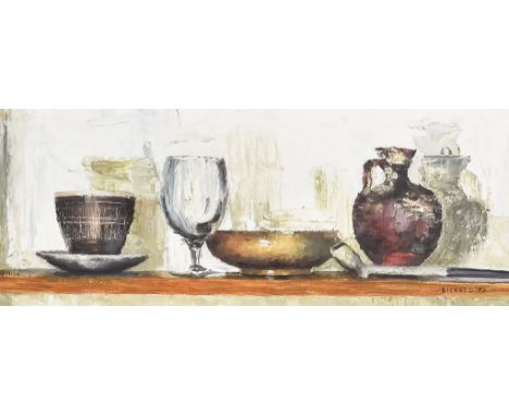 Stanley Rickard (1928-2022) - Oil painting - Still life with drinking glass and domestic objects, including a Lucie Rie stone