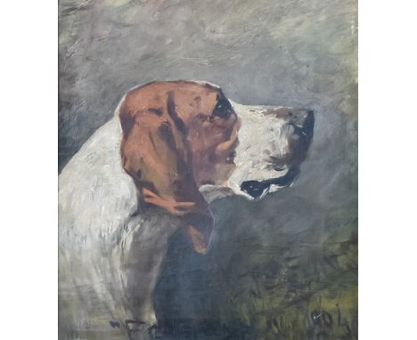 John Emms (1843-1912) - Oil painting - "Foreman", portrait head of a foxhound, signed, titled and dated 1904, canvas 14.5ins 