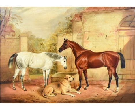 Charles Bilger Spalding (1810 - 1871) - Oil painting - Two horses and a dog in a yard, signed and indistinctly dated, canvas,