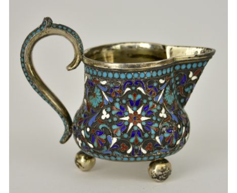 A Late 19th Century Russian Silver and Champleve Enamel Cream Jug&nbsp;assay master Lev Oleks, Moskow 1896, maker G. K, 84 st