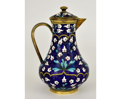 A Russian Silver Gilt and Champleve Enamel Baluster Jug and Cover, stamped 916 standard, enamelled in blue with flowers and l