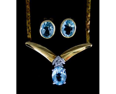 A Blue Topaz Suite, comprising - 9ct gold chain with integral blue topaz pendant, 410mm in length, with matching blue topaz s