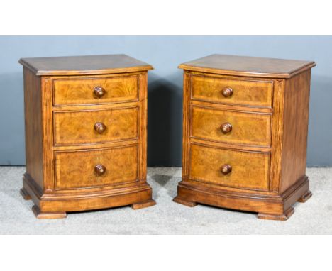 A Pair of Modern Burr and Cross Banded Walnut and Oak Bedside Chests by Frank Hudson, with moulded edges to top, fitted three