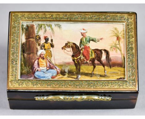 A Continental Gilt Metal-Mounted Tortoiseshell Snuff Box, 19th Century, the top with oil painting with figures in a landscape