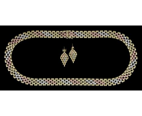 A 9ct Gold Three Coloured Necklace, 420mm overall,&nbsp;with matching earrings, for pierced ears,&nbsp;gross weight 31.8gThe 