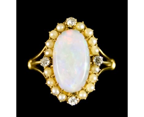 An Opal, Seed Pearl and Diamond Ring, set with a centre opal stone, approximately 17mm x 10mm, surrounded by small seed pearl