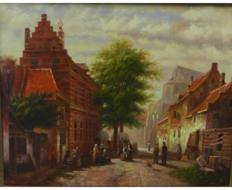 R. Fainello  'Continental Street Scene' Oil-on-Board, in a giltwood frame, 48 x 38cm