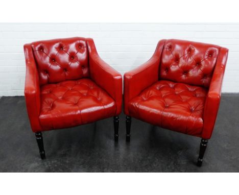 Pair of red faux leather button back armchairs, 77 x 70cm, (2) 