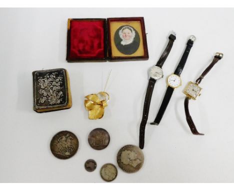 Mixed lot to include three vintage wristwatches, miscellaneous  pre decimal coins, gilt metal brooch, a portrait miniature an